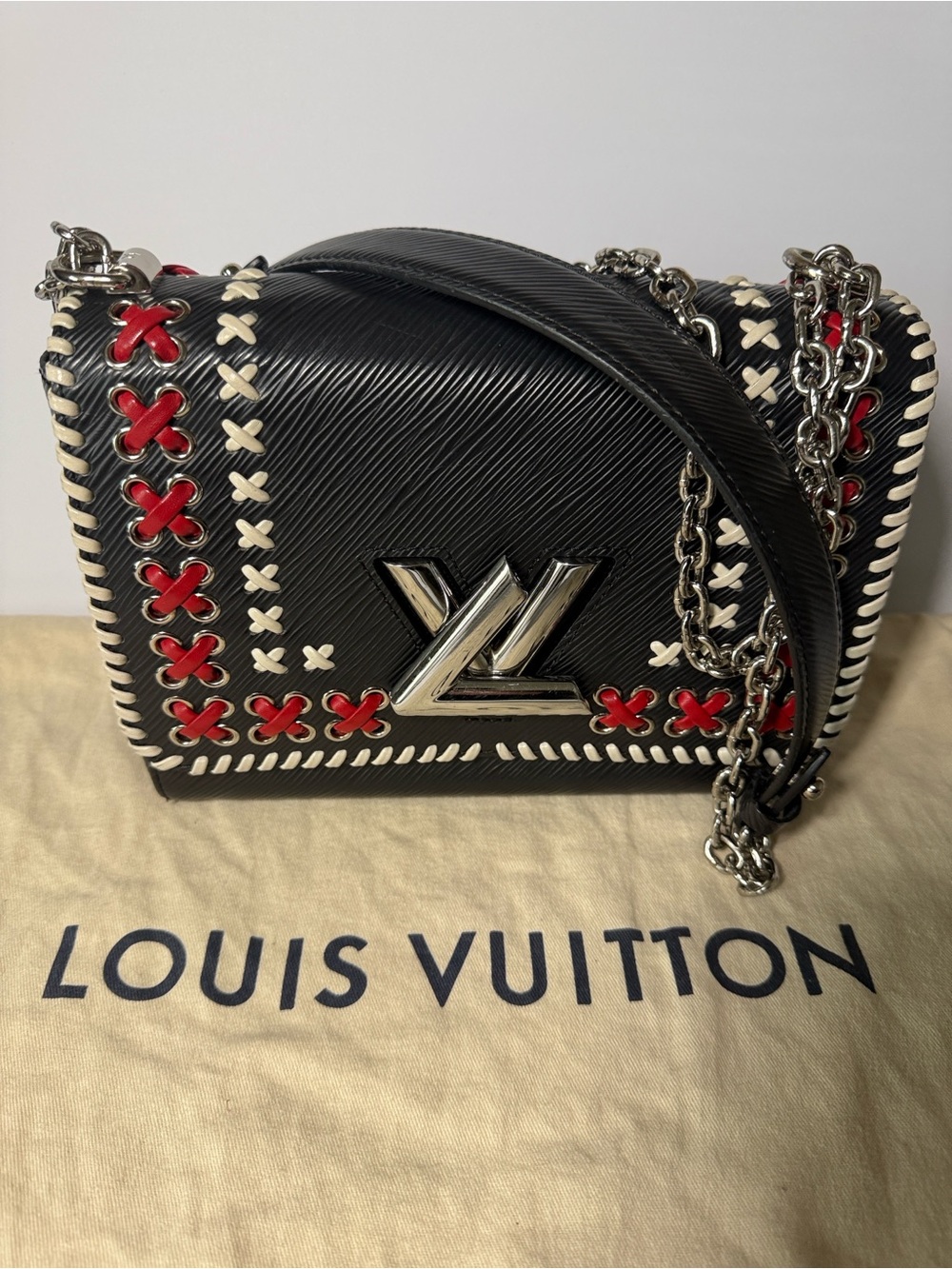 Louis Vuitton Black Crossbody with Red & Cream Whipstitch Detailing